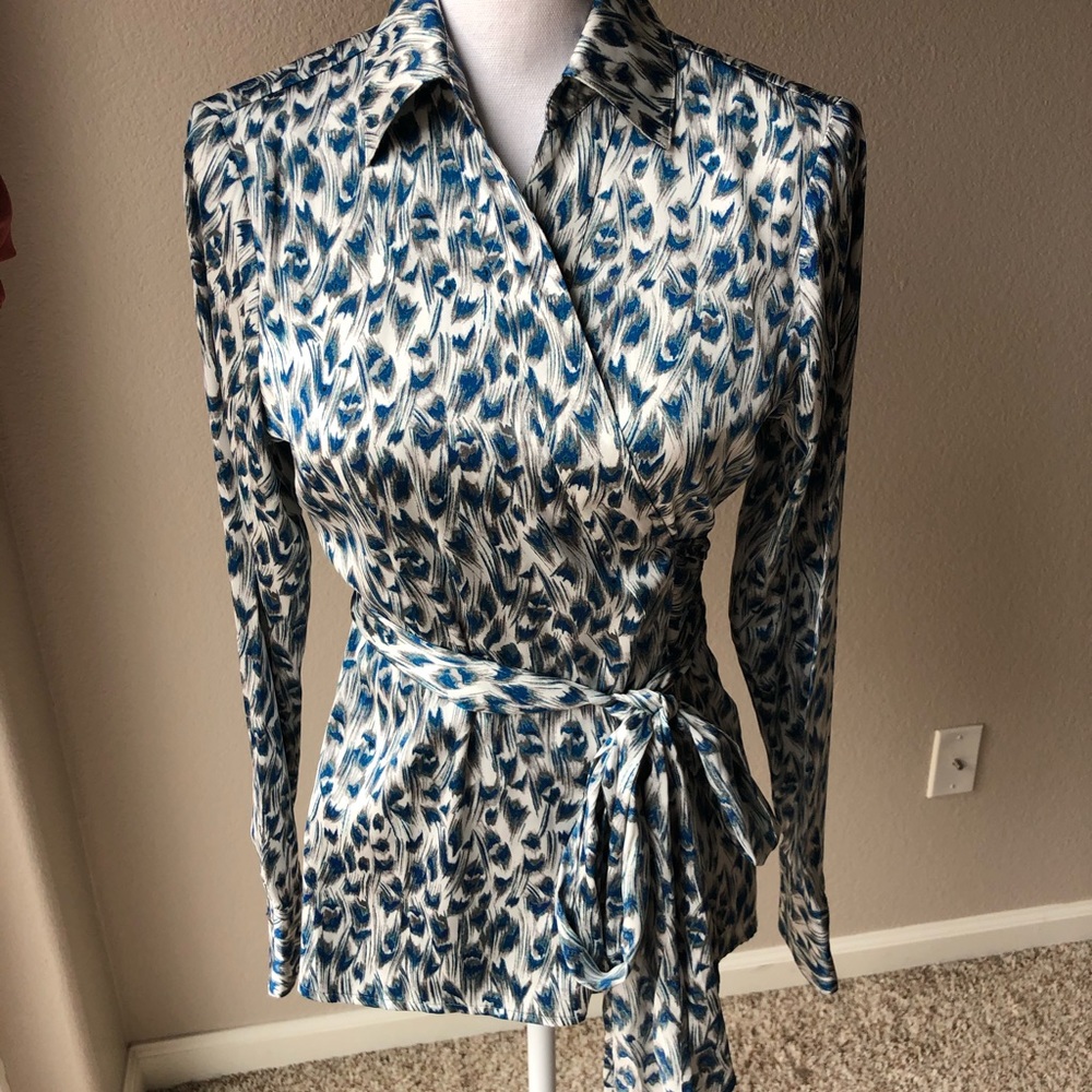 Blue and White Printed Wrap Blouse with Tie Waist - Picture 1 of 4